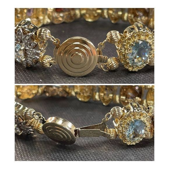 14K Yellow Gold Multicolor Gemstone Slide Bracelet 7” Long - Picture 3 of 12